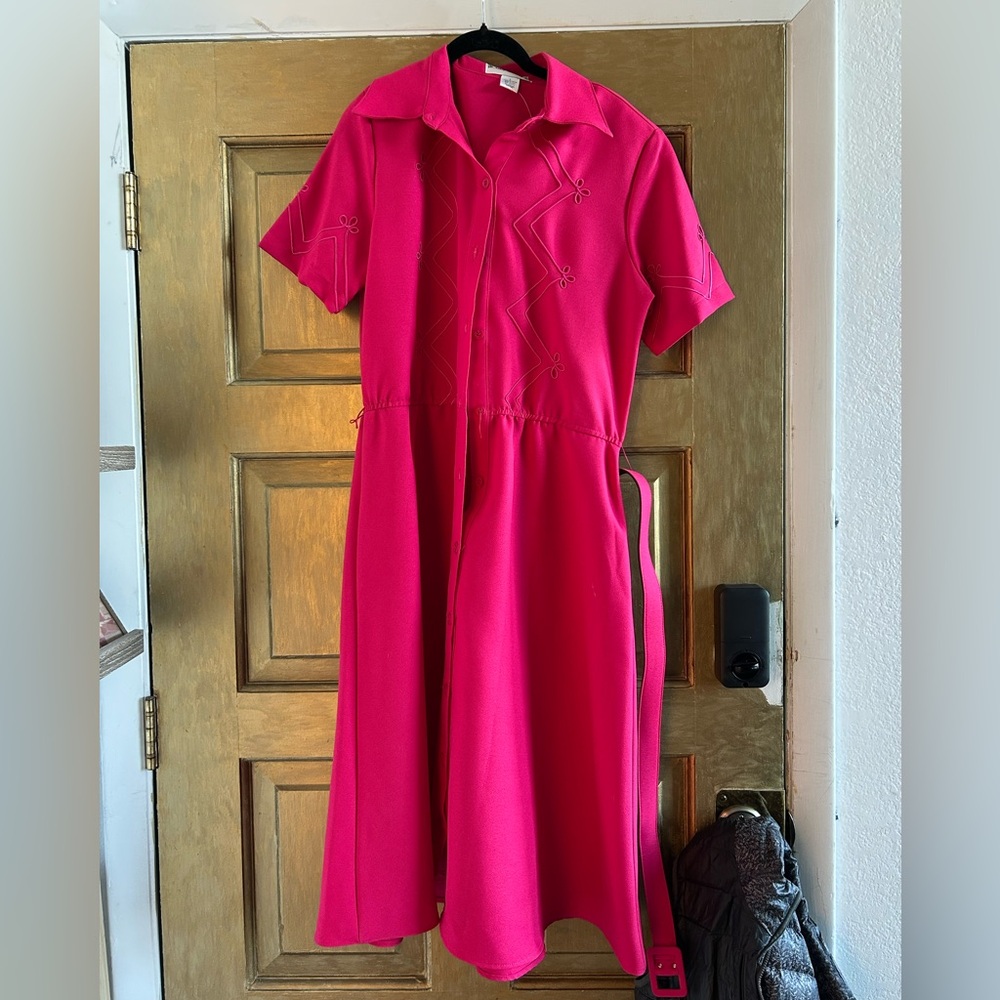 Bright Pink Midi Shirt Dress with Waist Tie